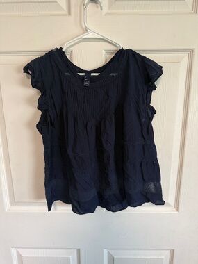 GAP Navy Short Sleeve Pintuck & Lace Peasant Blouse